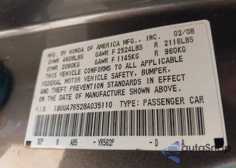 2008 Acura Tl Type S z USA, uszkodzony, nr VIN 19UUA76528A035110